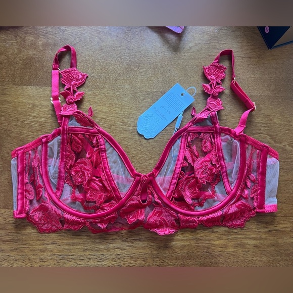 NWT FOR LOVE & LEMONS Romantic Hearts/Roses Underwire Bra red lace, SMALL - Picture 4 of 7
